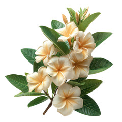 Fototapeta premium Beautiful frangipani flowers with green leaves isolated transparent background