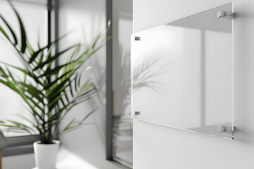Glass Sign Plate on White Wall Mockup. Generative Ai.