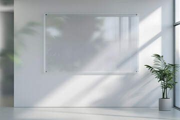 Glass Sign Plate on White Wall Mockup. Generative Ai.