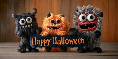 Colorful Monsters Displaying a Crafted Happy Halloween Sign in a Cozy Setting