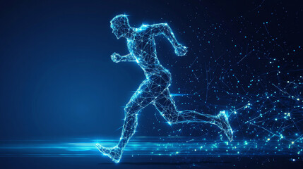 The vector illustration features a digital running man in motion, set against a futuristic technological blue background. The athlete’s silhouette is composed of scattered particles, points, lines, an