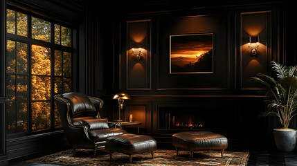 A cozy, dark-themed lounge with elegant furniture and warm lighting.