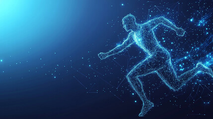 The vector illustration features a digital running man in motion, set against a futuristic technological blue background. The athlete&rsquo;s silhouette is composed of scattered particles, points, lines, an