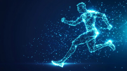 Naklejka premium The vector illustration features a digital running man in motion, set against a futuristic technological blue background. The athlete’s silhouette is composed of scattered particles, points, lines, an