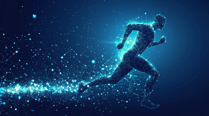 The vector illustration features a digital running man in motion, set against a futuristic technological blue background. The athlete&rsquo;s silhouette is composed of scattered particles, points, lines, an