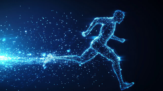 The vector illustration features a digital running man in motion, set against a futuristic technological blue background. The athlete’s silhouette is composed of scattered particles, points, lines, an
