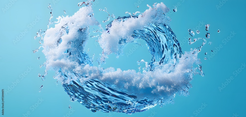 Poster a dynamic splash of water forms a swirling wave, blending with fluffy clouds in a bright blue backgr