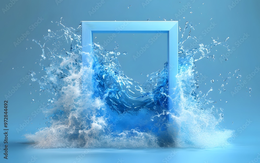 Aufkleber a dynamic splash of water framed by an abstract blue border, creating a captivating visual impact.