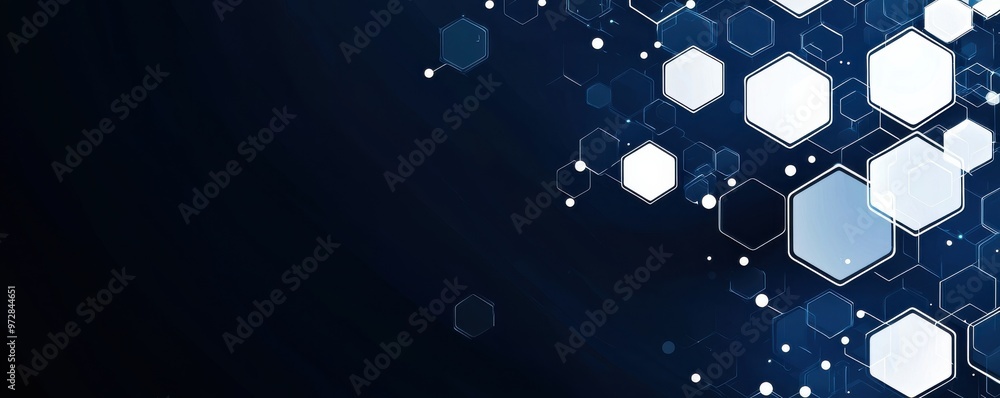 Poster abstract graphic design featuring a dynamic array of hexagons on a dark blue background symbolizing 