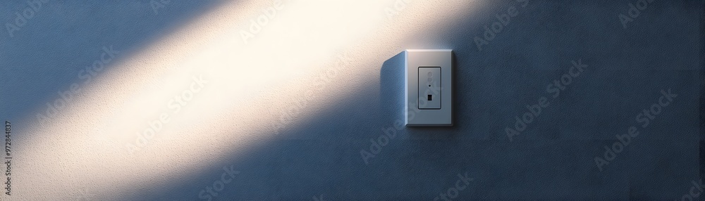 Poster a modern light switch mounted on a textured gray wall, illuminated by natural sunlight creating a dy