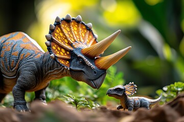 A family of Triceratops grazing peacefully, with baby Triceratops exploring the vibrant landscape of the Jurassic world