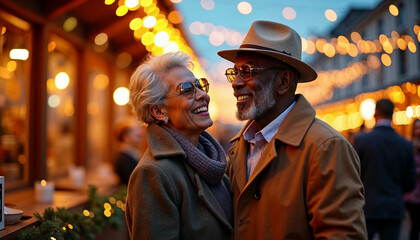 Obraz premium Happy senior African American couple enjoying a New Year street fair, surrounded by festive garlands and lights.