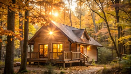 A cozy wooden cabin nestled in the woods during early autumn, with warm light glowing from the windows and colorful trees surrounding the cabin
