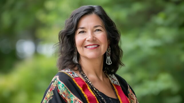 Authentic Middle-aged Canadian Woman in Metis Sash Radiating Natural Beauty with Candid Smile