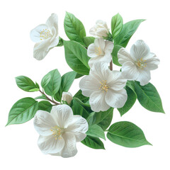 Blooming white flowers branch with green leaves isolated transparent background