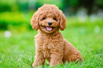 Fototapeta premium Toy Poodle puppy in vibrant green field background 
