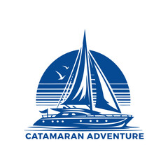 Catamaran Boat with Sails in Blue Vector Logo Concept 