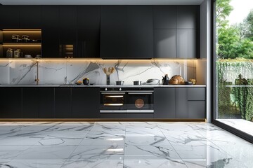 3D rendering of modern kitchen with white marble floor, black cabinets, oven with dishes, light gray walls, and large window with outdoor view.