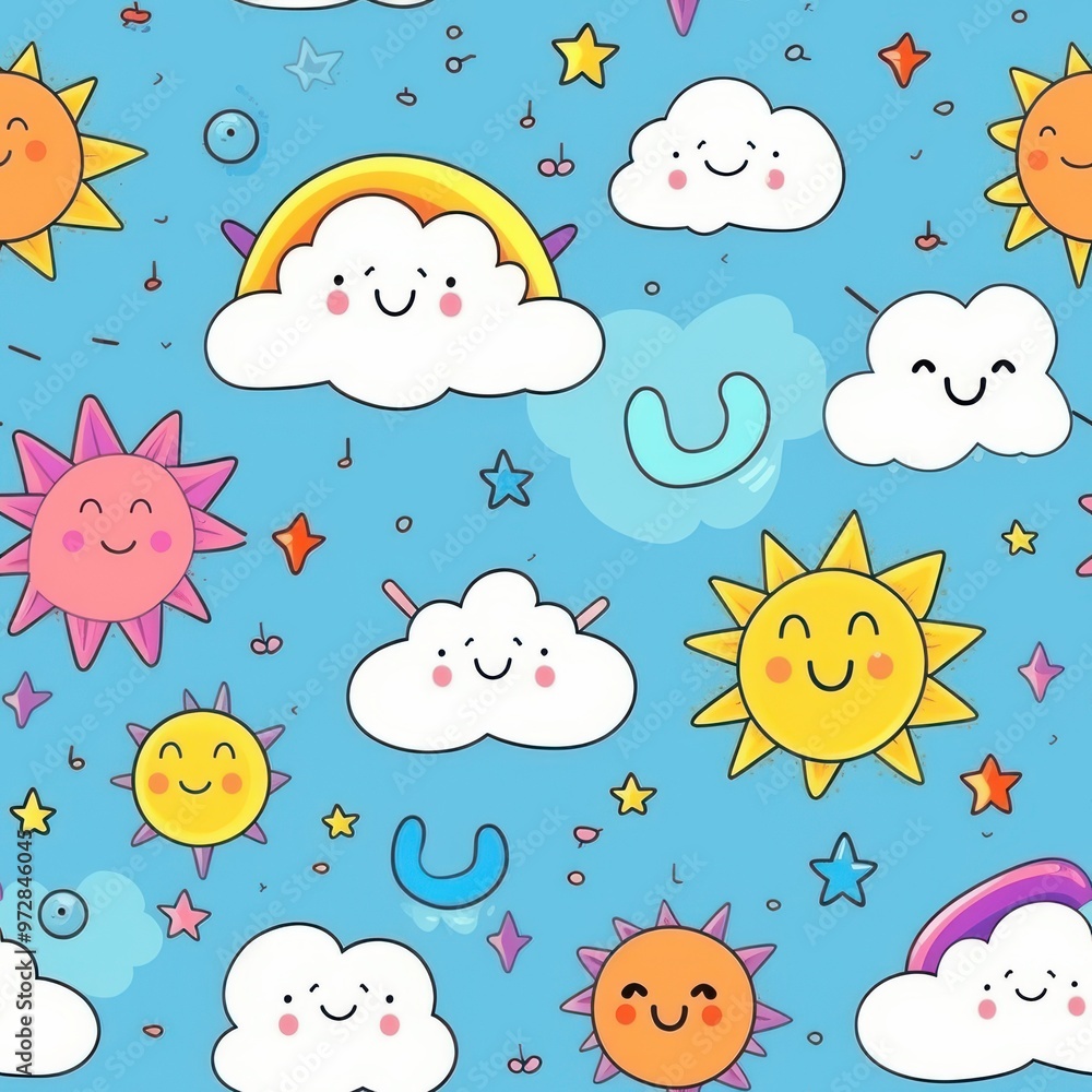 Wall mural cute cartoon sun and cloud seamless pattern baby nursery wall decor kids room decor print fabric