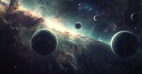 Obraz premium Vast Cosmic Landscape with Planets and Nebulae in Dramatic Sci Fi Universe