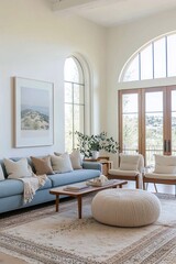 A Scandinavian interior in the living room with minimalist, sky blue sofa and art frame hanging. Generative AI
