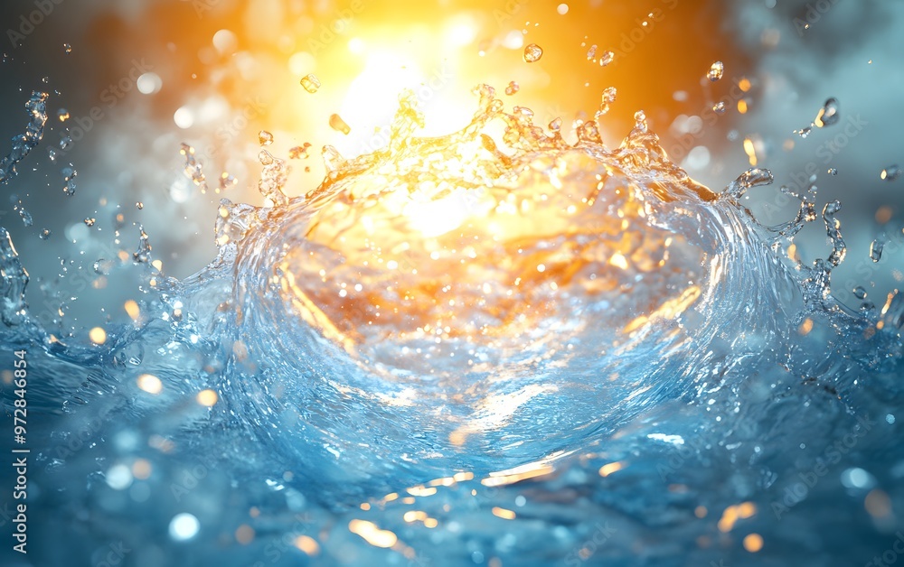 Poster a stunning close-up of water splashing in sunlight, creating beautiful patterns and reflections in v