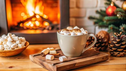 A cup of hot chocolate with marshmallows, sitting on a wooden table next to a warm fireplace in an autumn setting