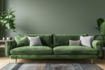 Green sofa and decor in living room 3D render mockup. Generative Ai.
