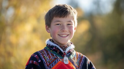 Authentic Smiling Teenage Finnish Boy in Sami Traditional Clothing Embracing Natural Beauty