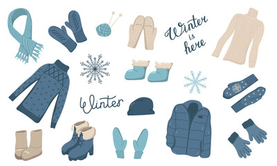 Vector illustration of knitted clothes and warm shoes with snowflakes in blue shades. Set of warm clothes for cold season. Winter sale concept.