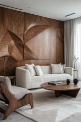 A photo of a mid-century modern interior in a living room with walls and sofas patterned using wood. Generative AI
