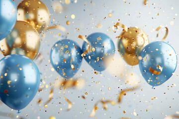 Holiday background with golden and blue metallic balloons, confetti and ribbons. Festive card for birthday party, 3d render. Generative Ai.