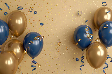 Holiday background with golden and blue metallic balloons, confetti and ribbons. Festive card for birthday party, 3d render. Generative Ai.