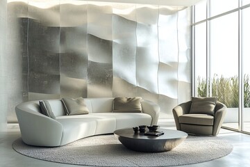 A photo of a mid-century modern interior in a living room with a sofa decorated with gleaming metal panels. Generative AI
