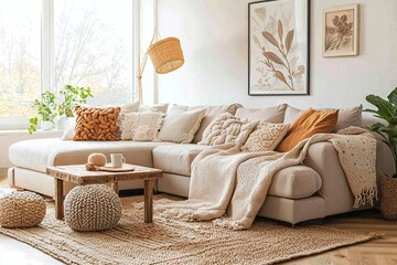 Minimalist, modern Scandinavian interiors in the living room with sofa and knit poof. Generative AI

