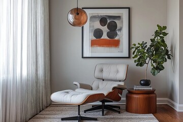 Midcentury Modern Interior in a living room with an armchair. Generative AI
