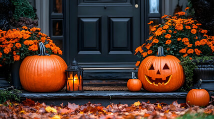 Obraz premium A festive autumn porch decorated with pumpkins and flowers for Halloween.
