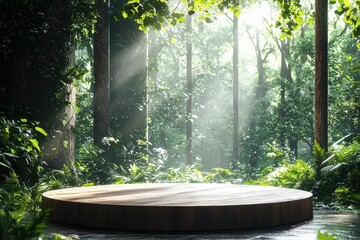 Lush tropical forest with sun rays shining through the canopy, natural wooden platform in foreground