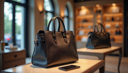 Modern women’s handbag displayed in a boutique, highlighting its design and luxury in a refined setting.







