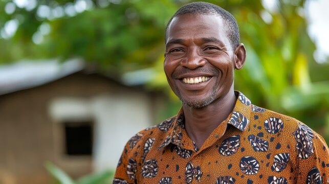 Joyful Middle-Aged Tanzanian Man in Kanzu Embracing Natural Beauty with Candid Smile