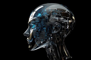 A futuristic humanoid robot with intricate circuits and wires visible in a dark backdrop, showcasing advanced technology and design