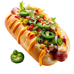 Delicious hot dog loaded with jalapenos, cheese, and fresh vegetables, perfect for a tasty meal or...