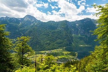 Obraz premium Bergpanorama Dachstein Krippenstein und Hallstätter See, Obertraun und Hallstatt im Sommer Salzkammergut
