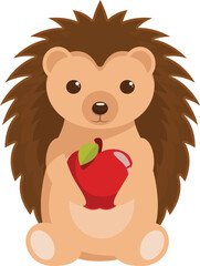 Adorable cartoon hedgehog holding a red apple with a green leaf