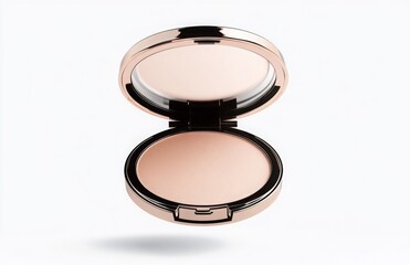 A flat cosmetic compact case levitating in mid-air, with clean edges and smooth reflections, isolated on a bright white background