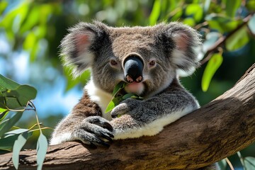 Naklejka premium A koala perched in a eucalyptus tree, lazily chewing leaves in the warm Australian sun
