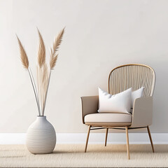 Photo of interior in aesthetic minimalist style, rattan chair and decorative plant branch in beige tones
