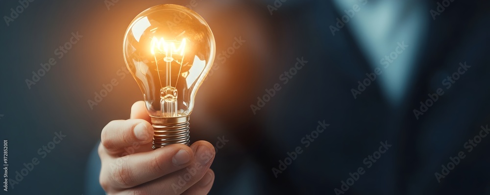 Poster dynamic startup founder holding glowing lightbulb symbolizing innovation and breakthrough ideas in c