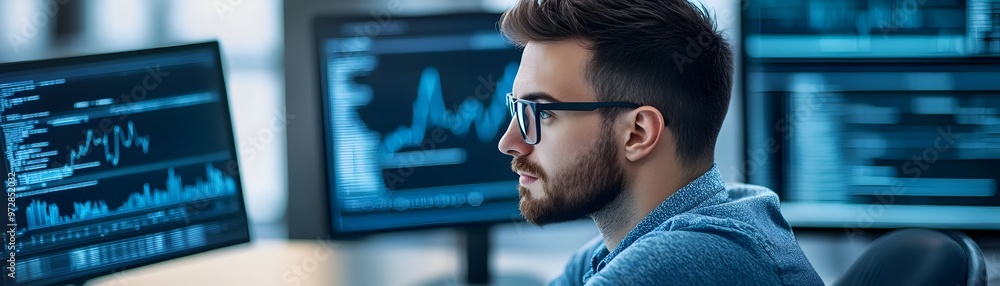 Poster digital entrepreneur analyzing data on multiple screens in futuristic office for startup growth