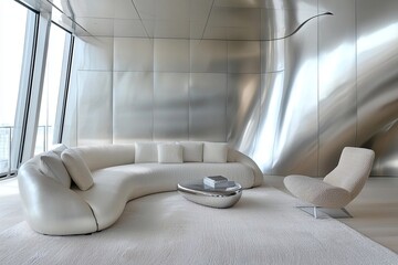 This is the interior of the futuristic living room with the wall finished with metal panels. This is the mid century modern interior of the living room with a sofa and carpet. Generative AI
